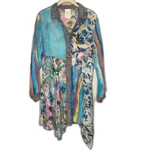 Fleur‎ de Lis Asymmetrical Tunic Blouse Artsy Boho Lagenlook LIghtweight Large